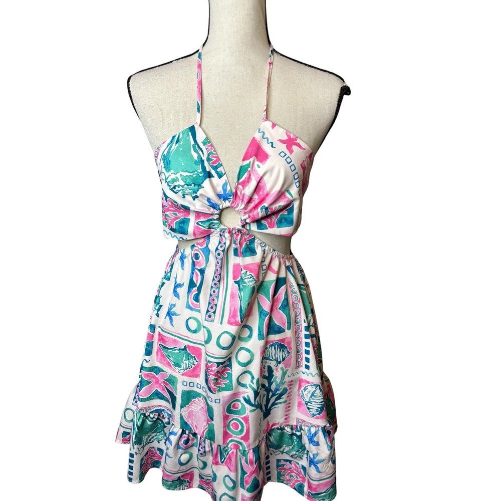 Shein Womens Small Pink Teal Seashell Tropical O-Ring Cut Out Halter Mini Dress